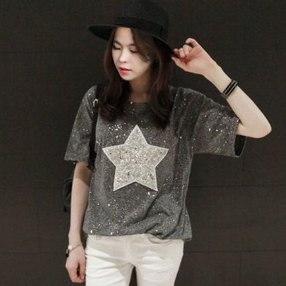 Short-Sleeve Star Printed Glitter T-Shirt Tee Size Small Gray